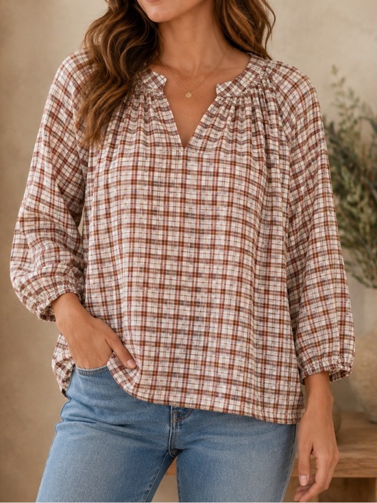 Universal Thread Tops - Universal Thread Plaid V-Neck Boho Peasant Blouse Size Extra Small